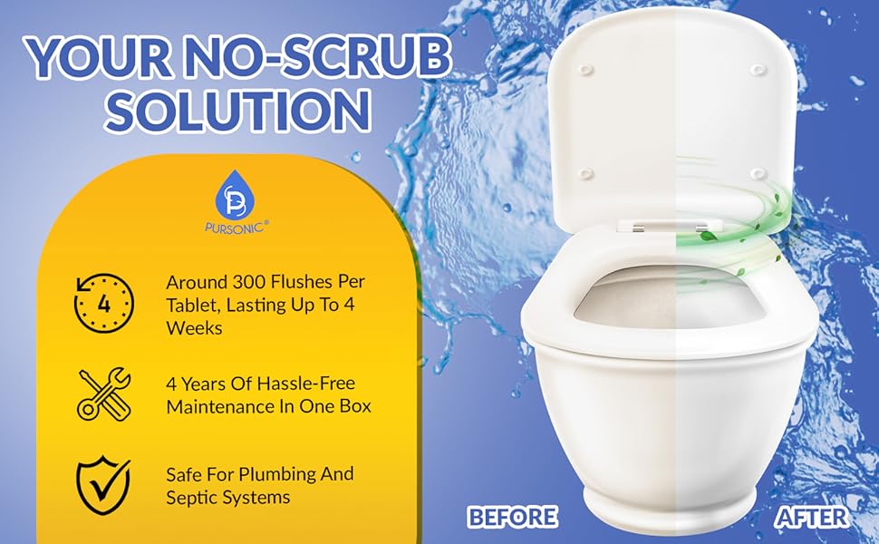 Automatic Toilet Bowl Cleaner Tablets Blue Gel Toilet Tank Cleaners, Septic-Safe Hard Water Ring Stain Remover, Smell Eliminator Heavy Duty Toilet Cleaning & Deodorizer, Fresh Scent - 48 Tabs by Pursonic