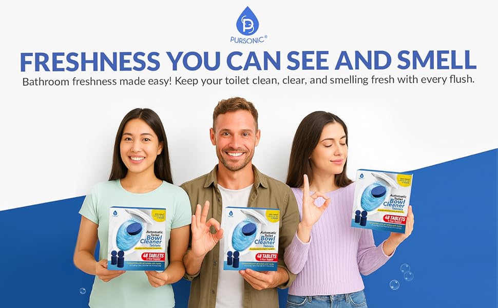 Automatic Toilet Bowl Cleaner Tablets Blue Gel Toilet Tank Cleaners, Septic-Safe Hard Water Ring Stain Remover, Smell Eliminator Heavy Duty Toilet Cleaning & Deodorizer, Fresh Scent - 48 Tabs by Pursonic