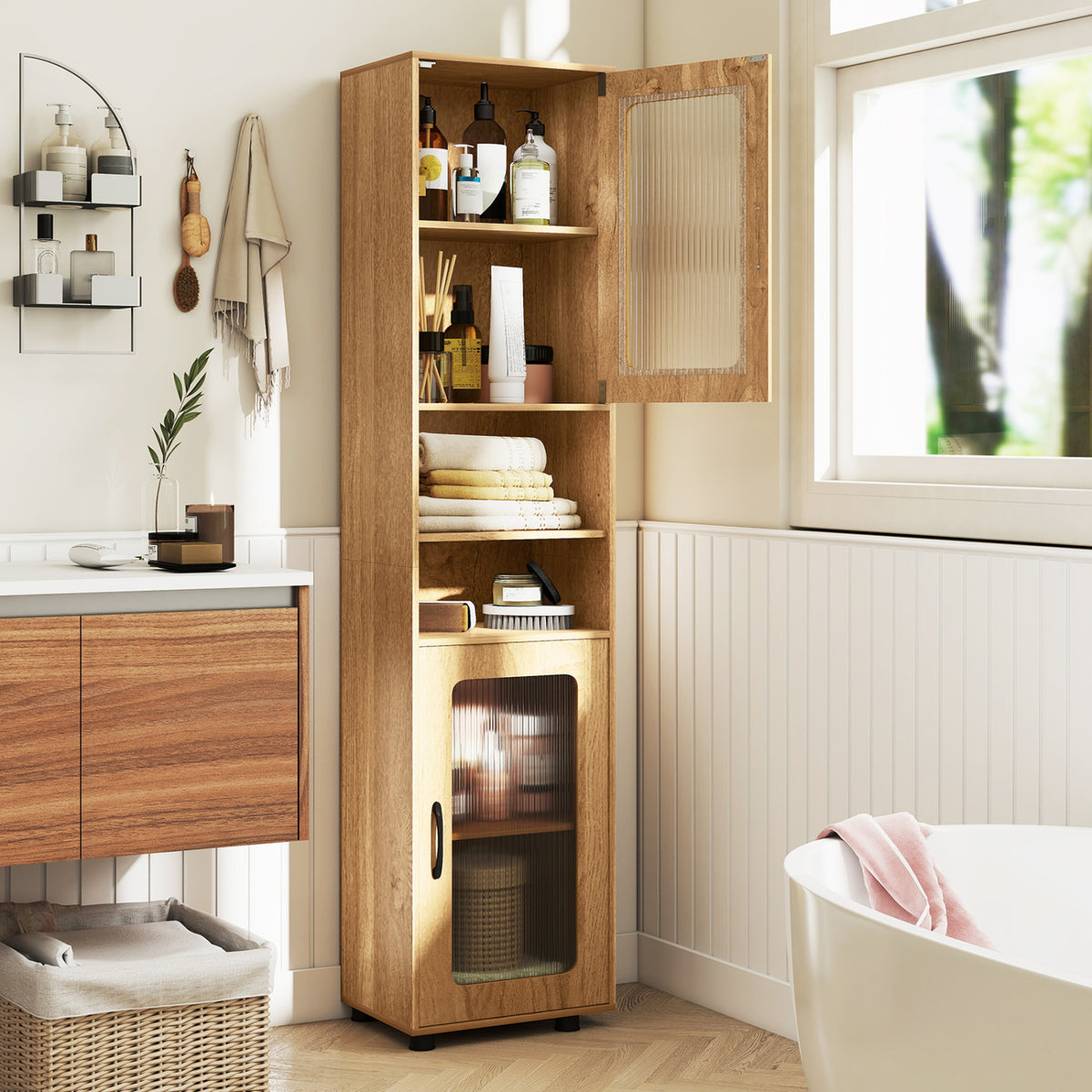 Tall Bathroom Storage Cabinet 67 Inches Freestanding Storage Organizer-Natural