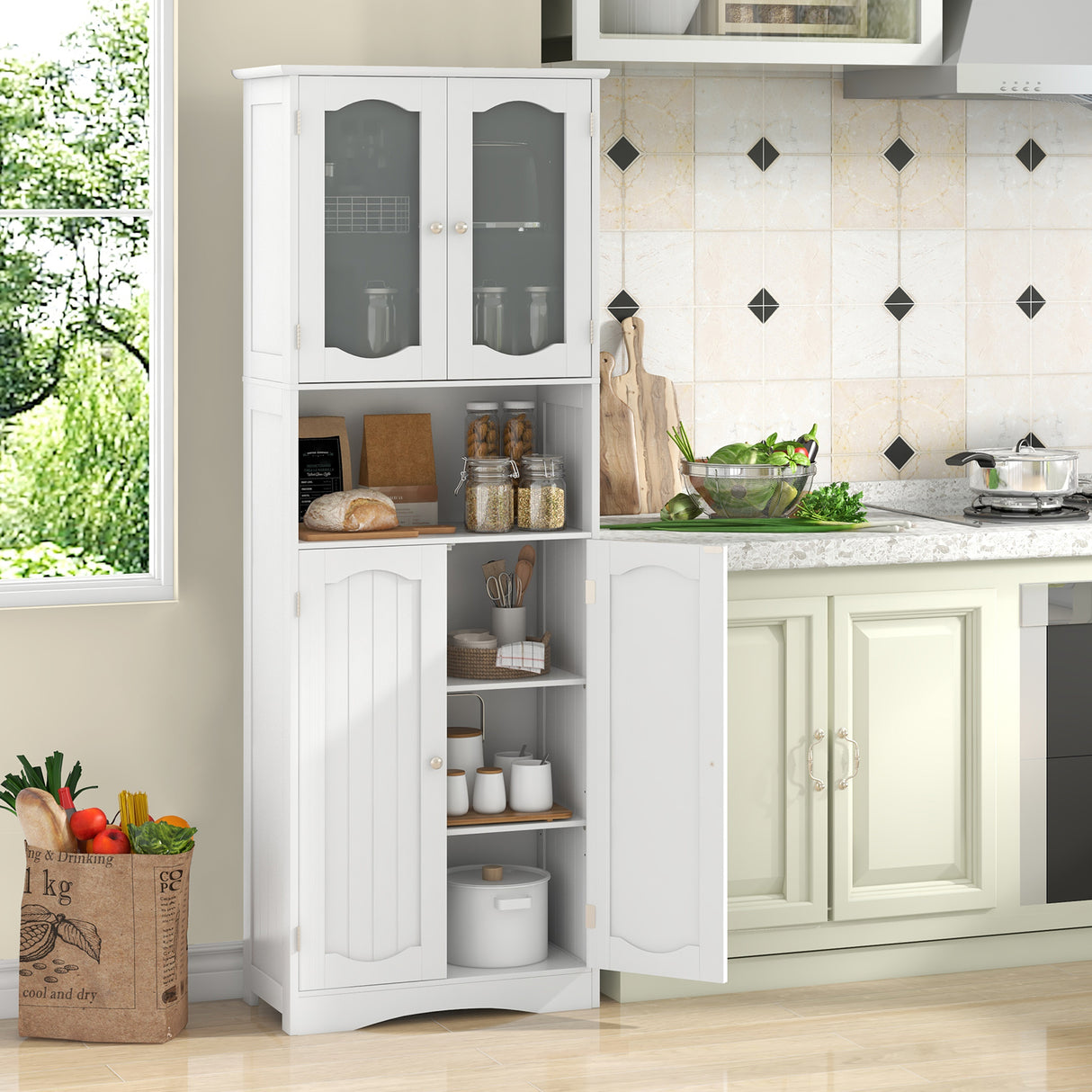 64.5 Inches Tall Bathroom Storage Cabinet with Frost Glass Doors and Shelves-White