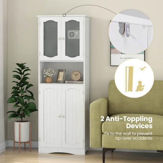 64.5 Inches Tall Bathroom Storage Cabinet with Frost Glass Doors and Shelves-White