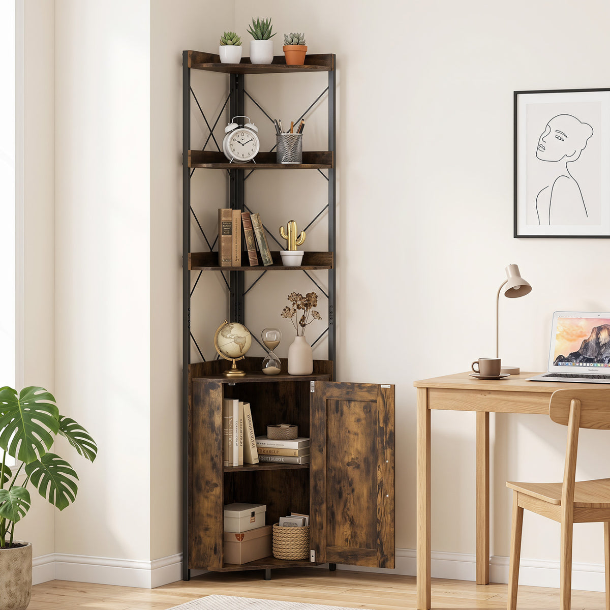 Tall Corner Storage Cabinet with 3-Tier Shelf and Enclosed Cabinet-Rustic Brown