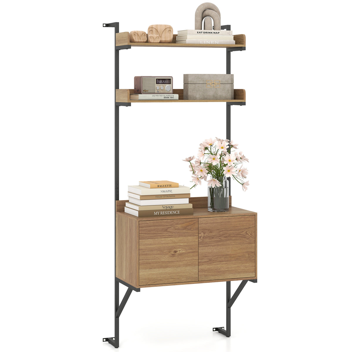 Tall Ladder Shelf with Storage Cabinet Narrow Wall Mounted Ladder Bookcase-Natural