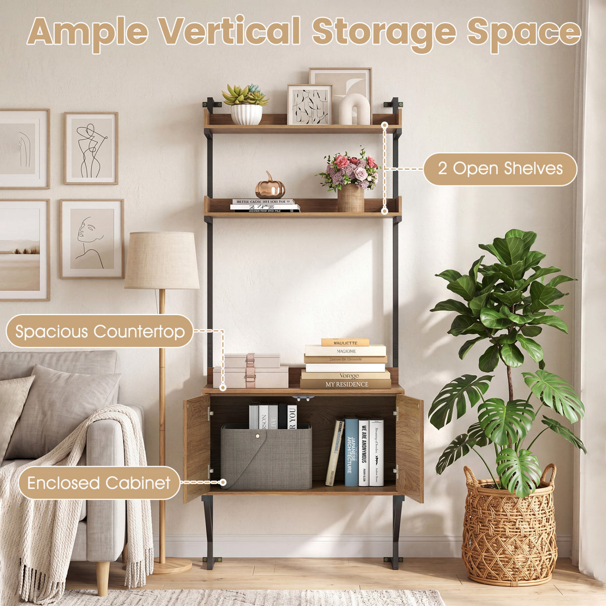 Tall Ladder Shelf with Storage Cabinet Narrow Wall Mounted Ladder Bookcase-Natural