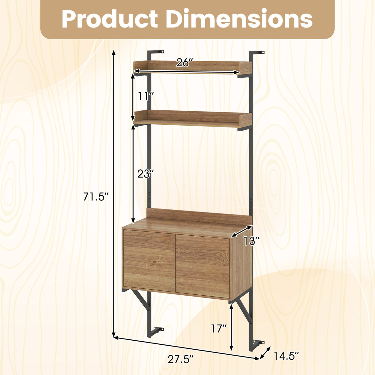 Tall Ladder Shelf with Storage Cabinet Narrow Wall Mounted Ladder Bookcase-Natural