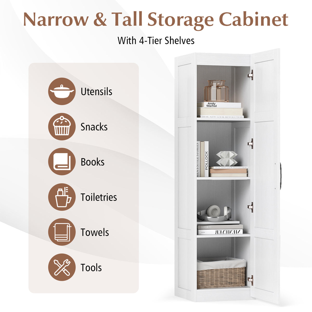 Tall Storage Cabinet with 4 Storage Shelves for Bathroom Living Room-White