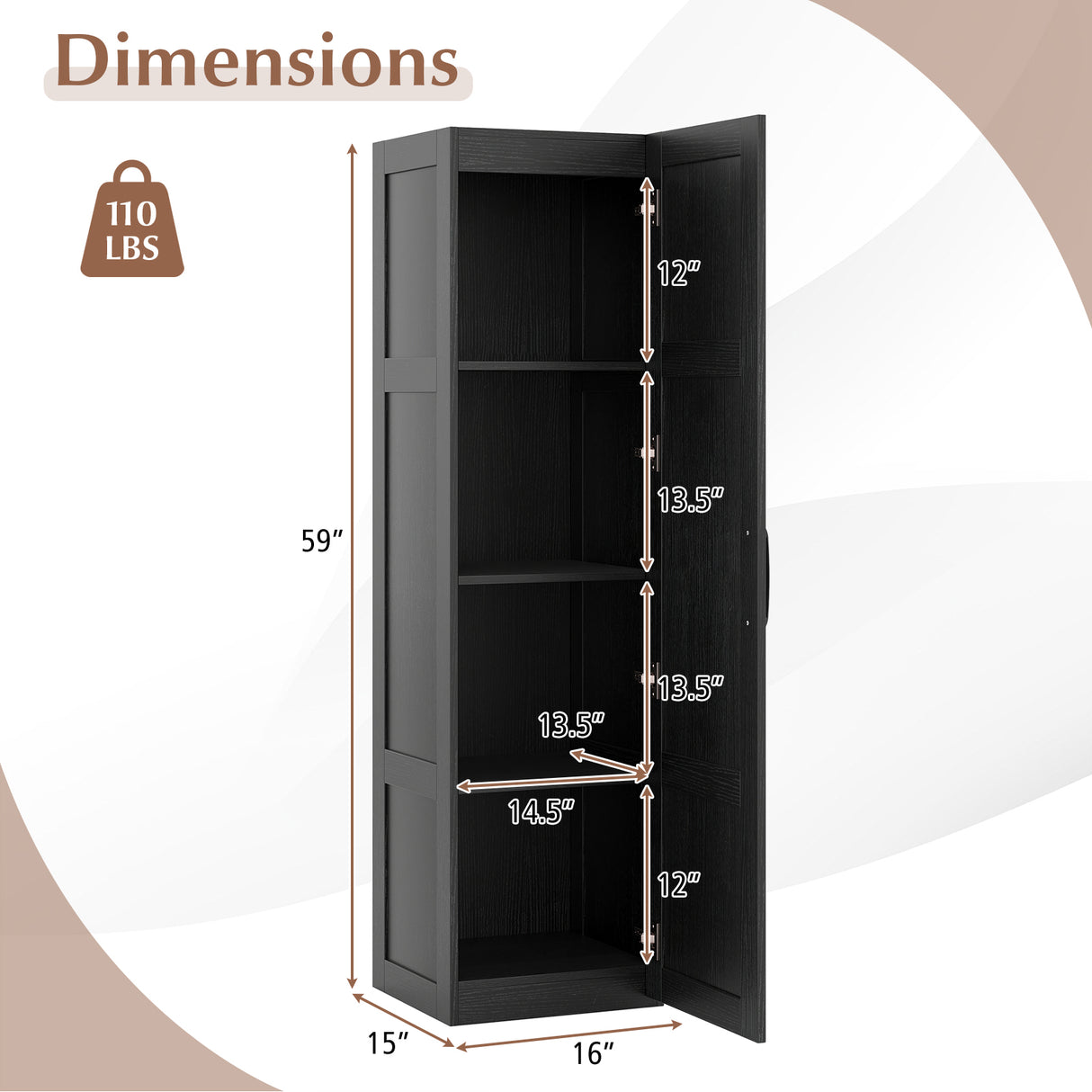 Tall Storage Cabinet with 4 Storage Shelves for Bathroom Living Room-Black