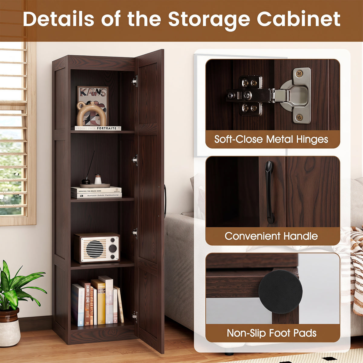 Tall Storage Cabinet with 4 Storage Shelves for Bathroom Living Room-Brown