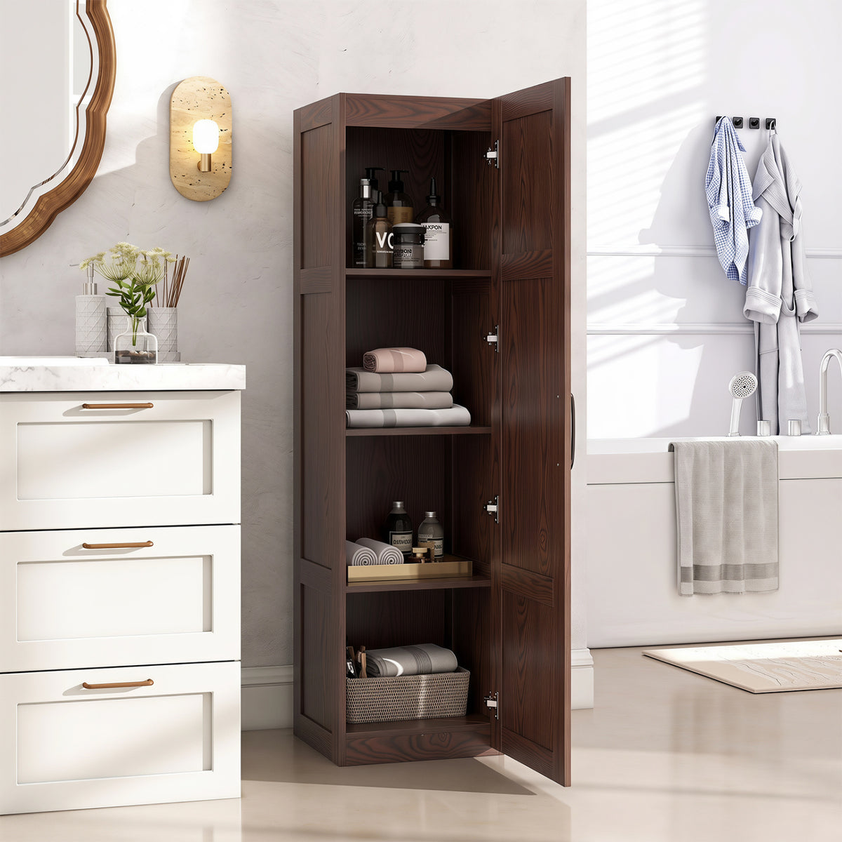 Tall Storage Cabinet with 4 Storage Shelves for Bathroom Living Room-Brown