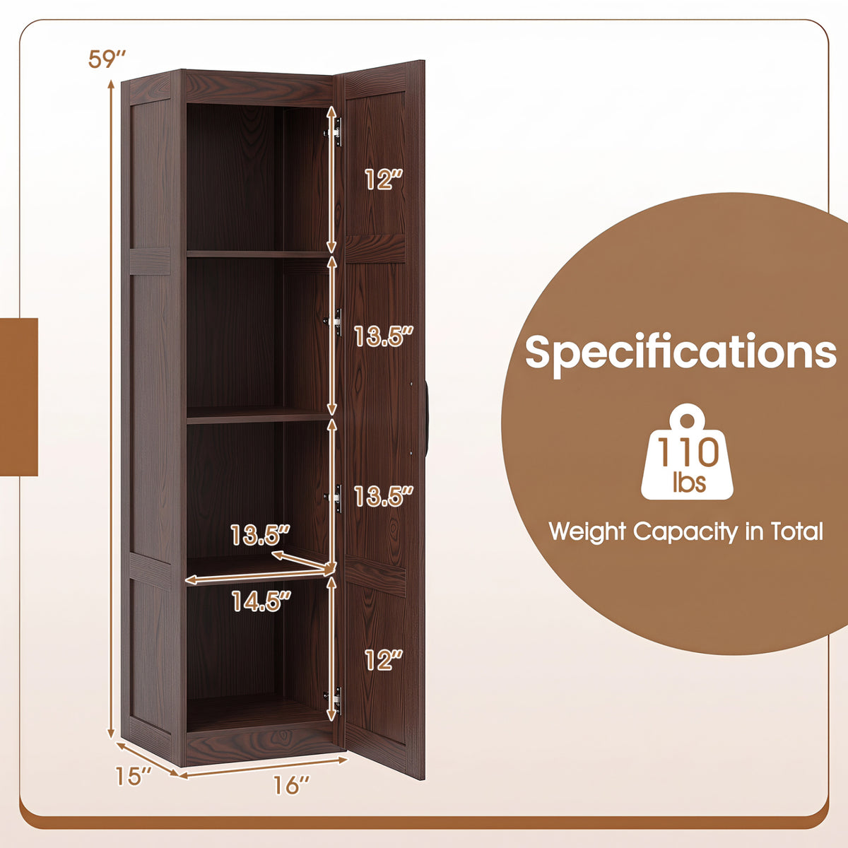 Tall Storage Cabinet with 4 Storage Shelves for Bathroom Living Room-Brown
