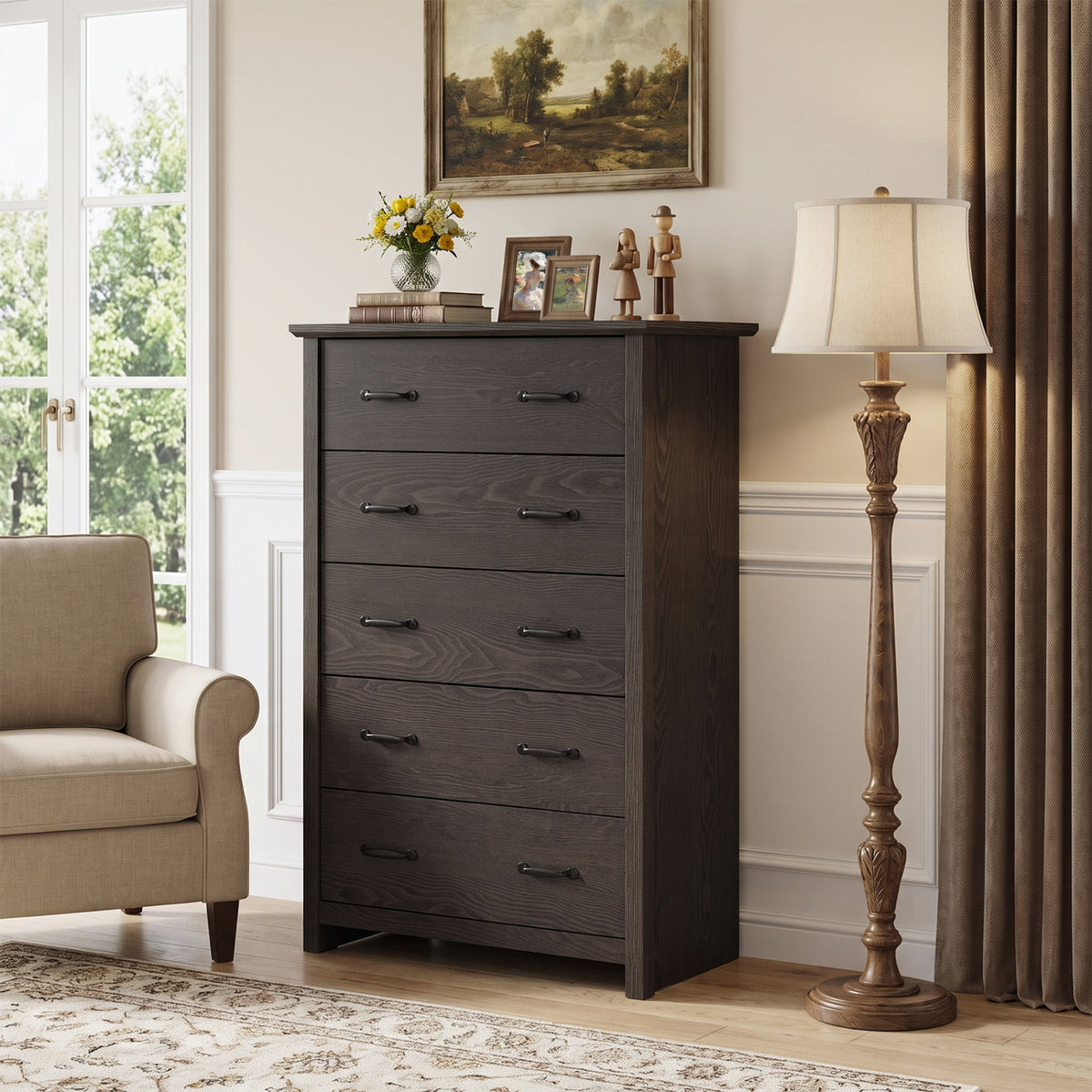 Tall Storage Dresser with 5 Pull-out Drawers for Bedroom Living Room-Gray
