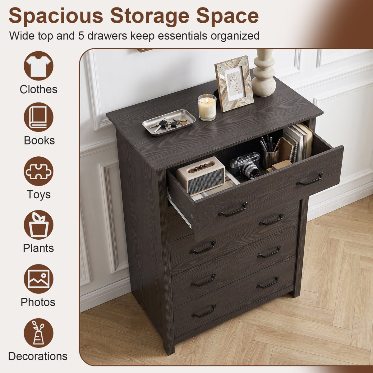 Tall Storage Dresser with 5 Pull-out Drawers for Bedroom Living Room-Gray