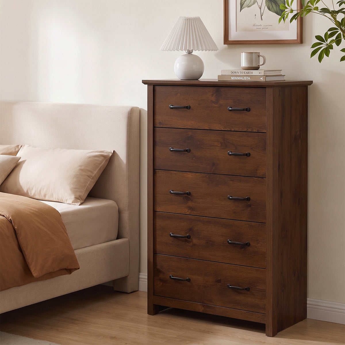 Tall Storage Dresser with 5 Pull-out Drawers for Bedroom Living Room-Walnut