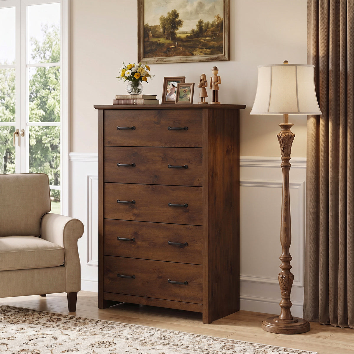 Tall Storage Dresser with 5 Pull-out Drawers for Bedroom Living Room-Walnut