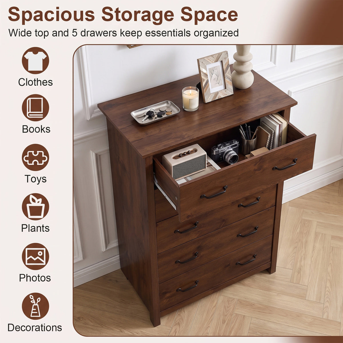 Tall Storage Dresser with 5 Pull-out Drawers for Bedroom Living Room-Walnut