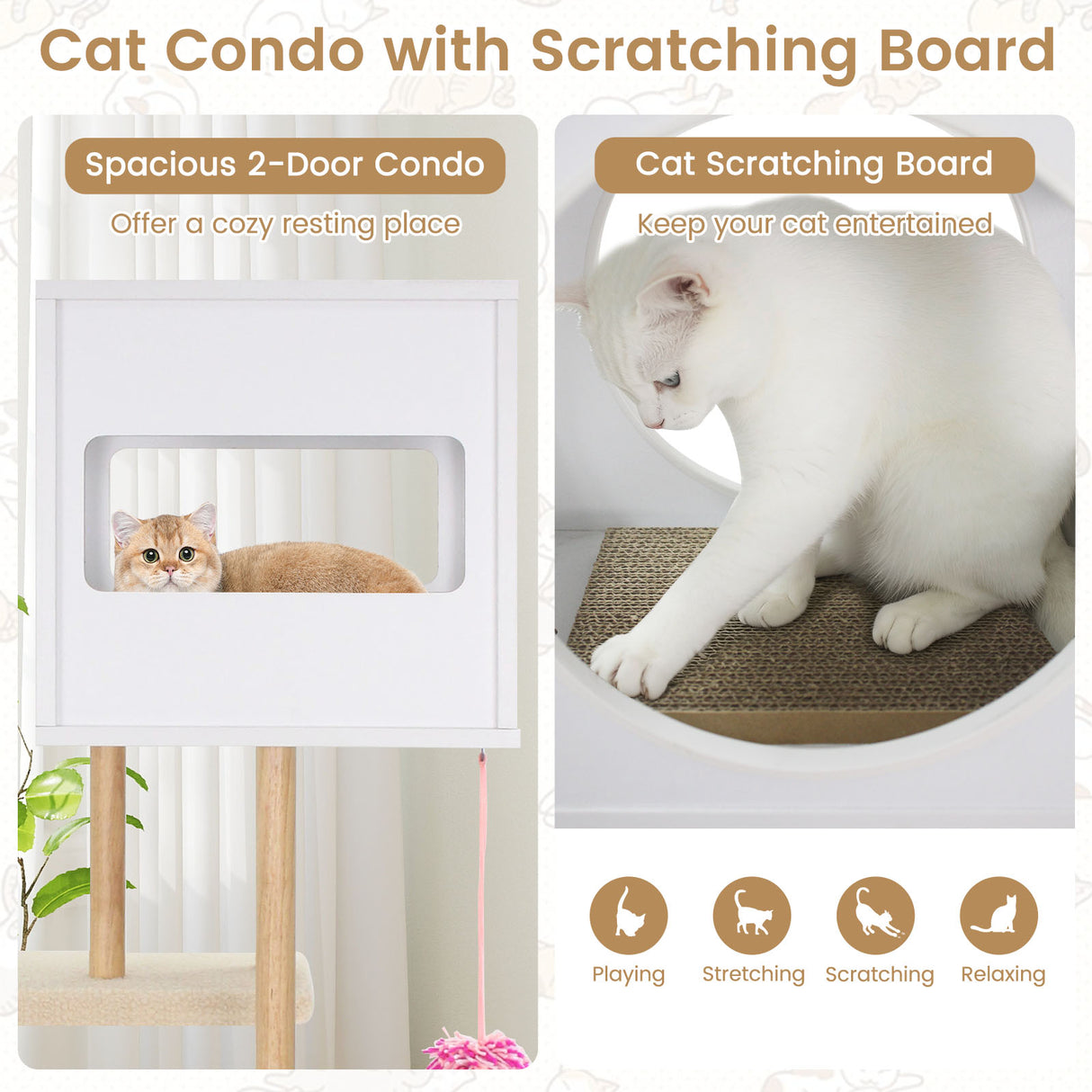 Tall Wood Cat Tower with 2 Corrugated Cardboard-White