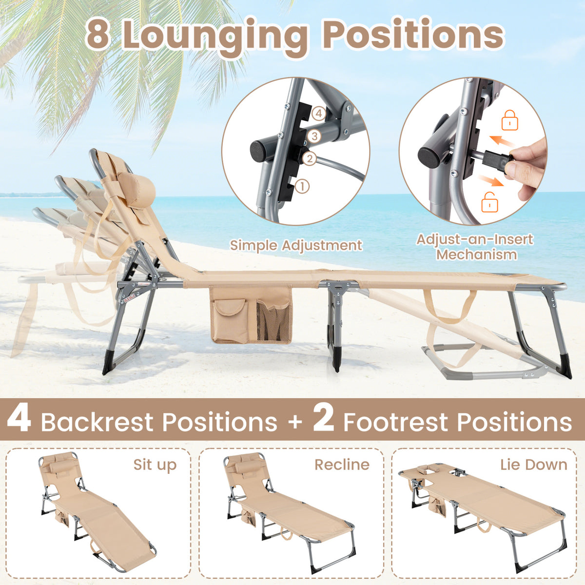 Tanning Chair with Face Arm Holes Folding Chair-Beige