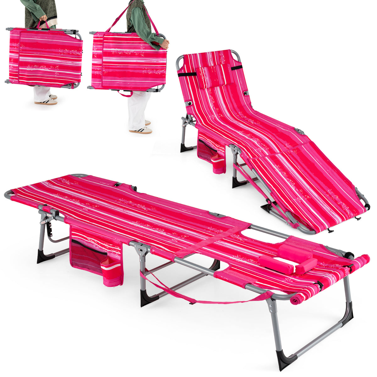 Tanning Chair with Face Arm Holes Portable Sunbathing Chair-Pink Strip