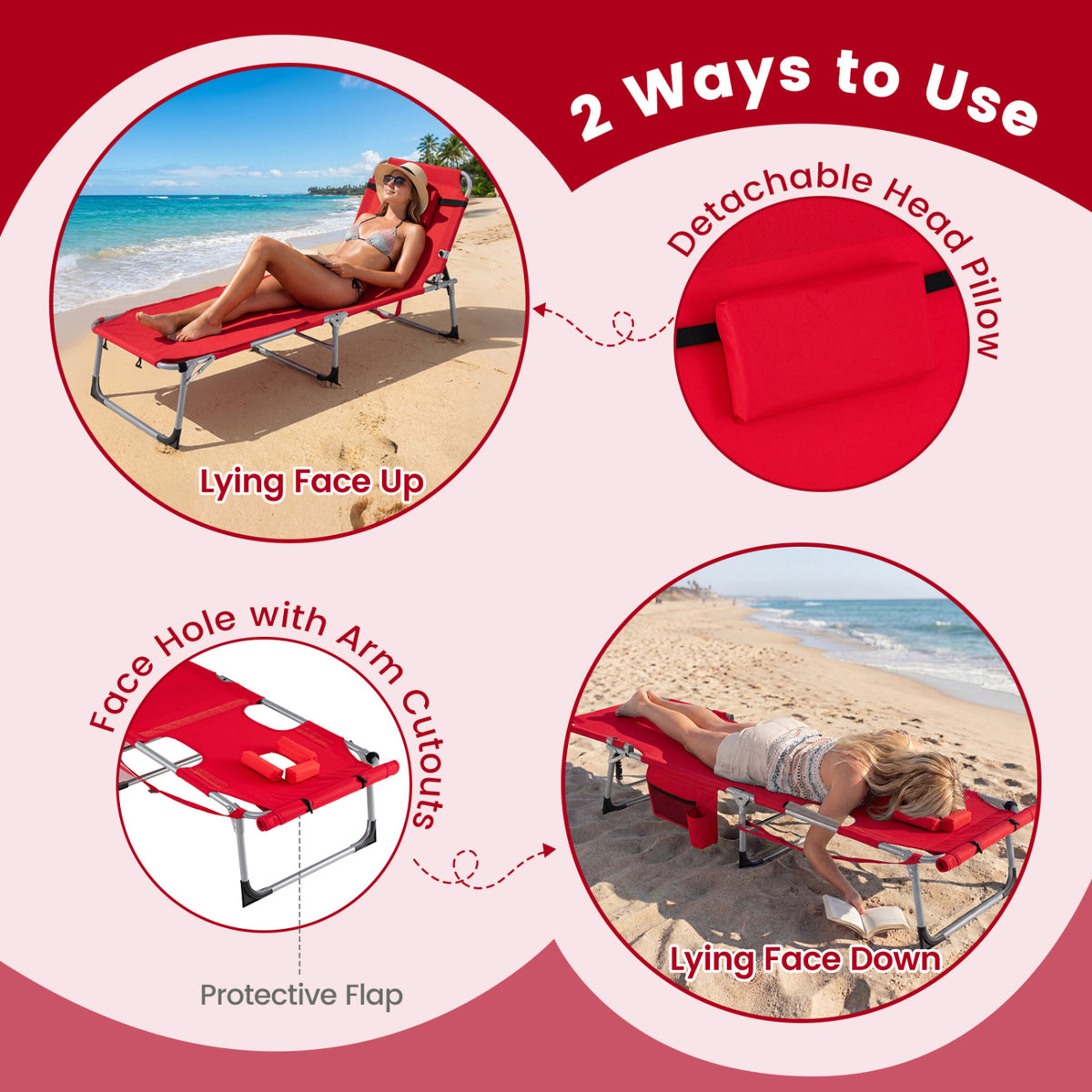 Tanning Chair with Face Arm Holes Portable Sunbathing Chair-Red