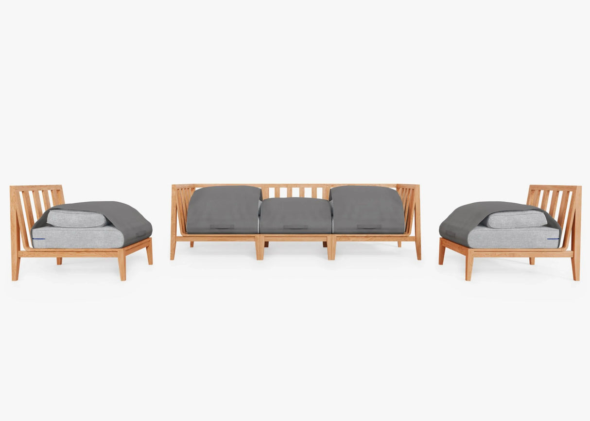 The Teak Outdoor Sofa with Armless Chairs - Five Seat includes a three-seater sofa and two single chairs. Each piece comes with gray cushions and slatted backs, all set against a plain white background.