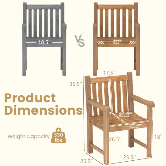 Teak Wood Patio Dining Chair with Slatted Seat Backrest and Solid Legs