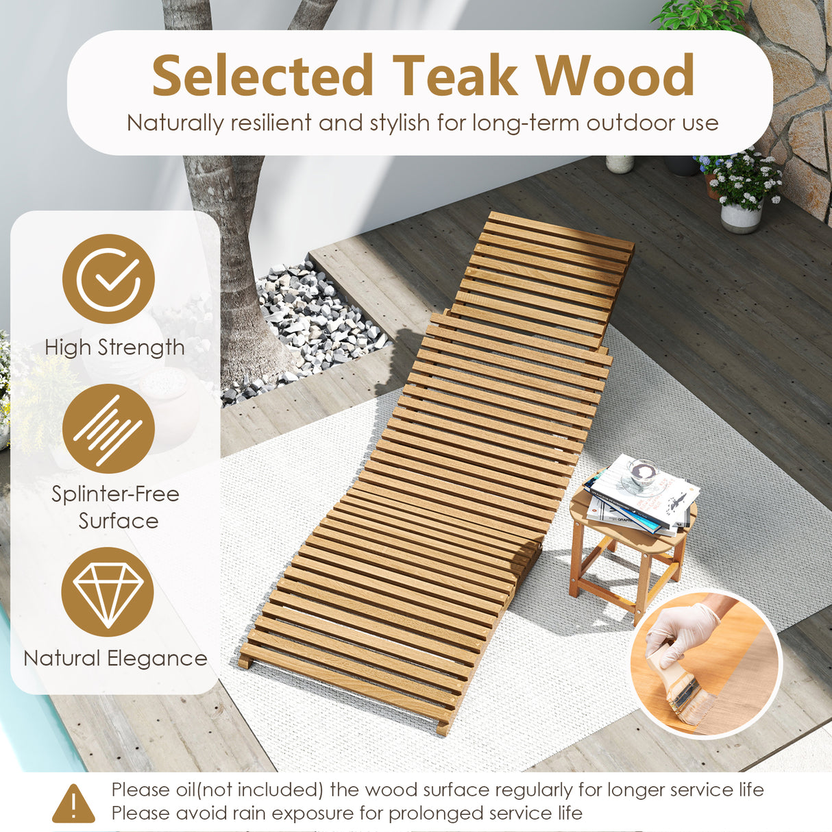 Teak Wood Patio Folding Chaise Lounge Chair with Slatted Seat-2