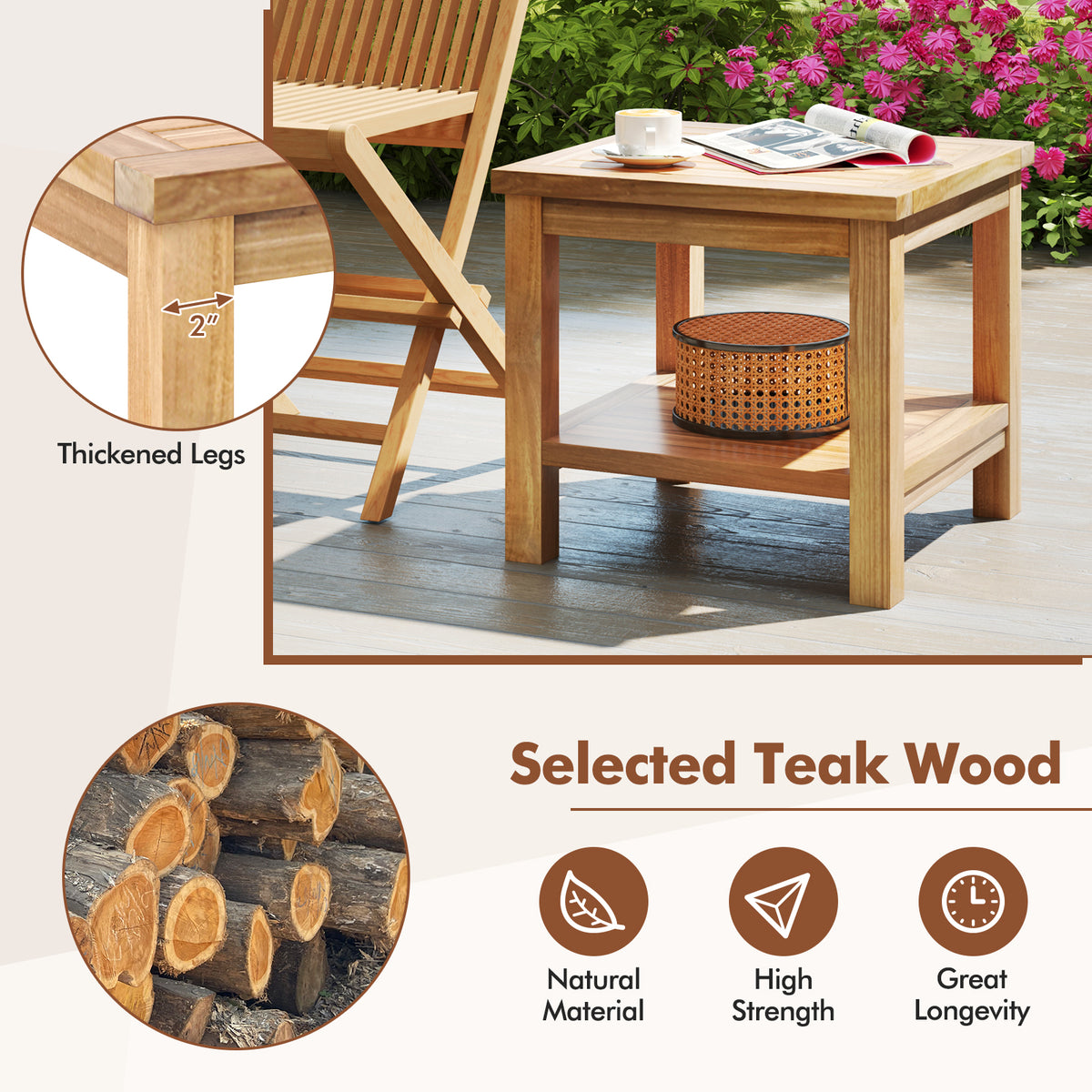 Teak Wood Square Side Table with Open Shelf for Small Space
