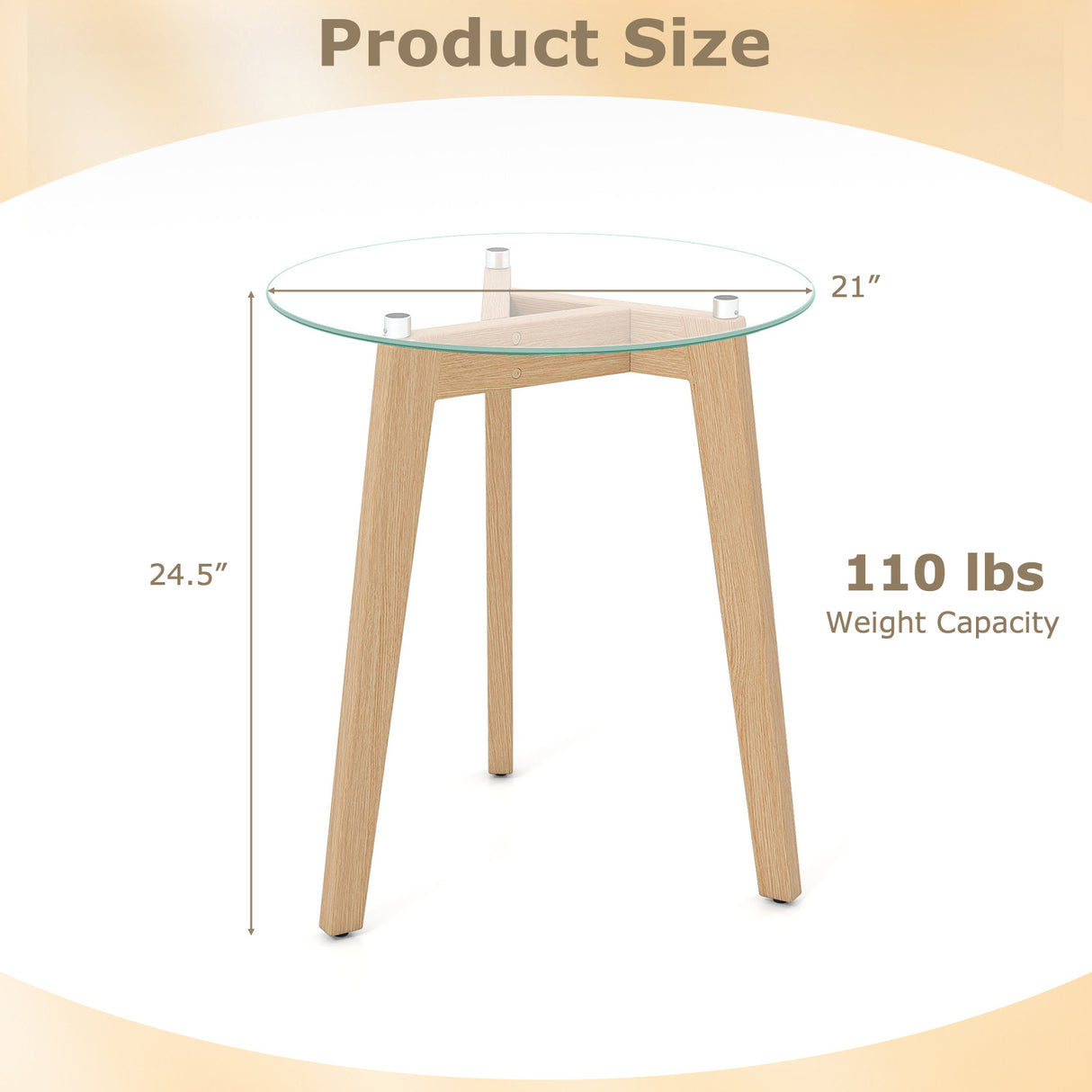 Tempered Glass End Table Round with Solid Rubber Wood Structure-Set of 2