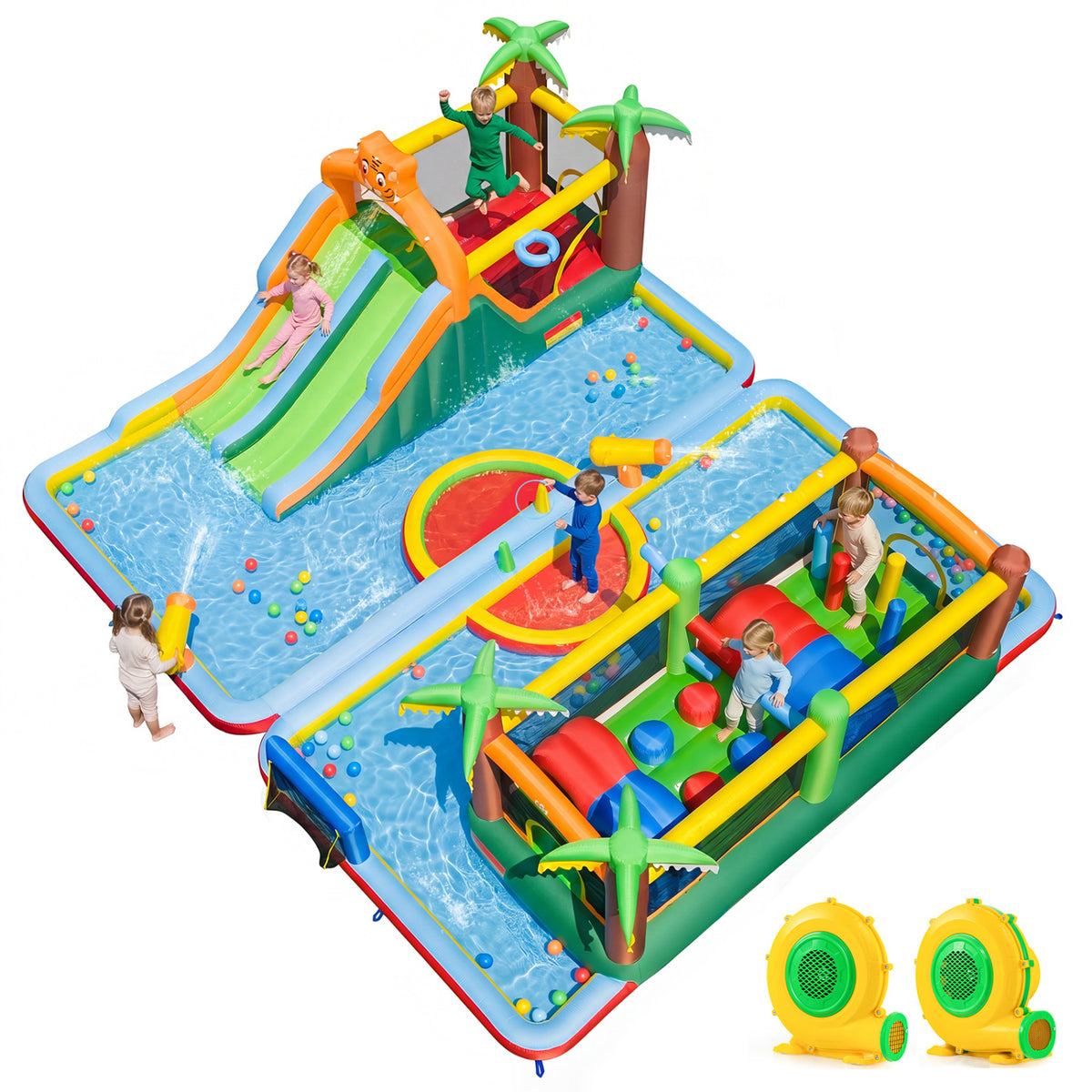 Tiger Inflatable Water Park Obstacle Bounce House with 2 Blower