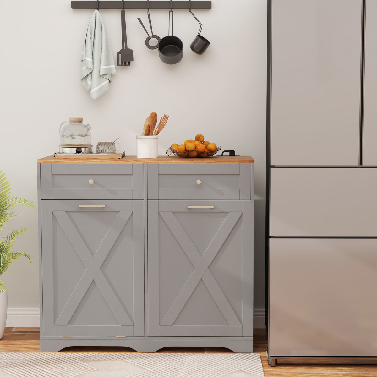 Tilt Out Trash Can Cabinet with Outlets and Adjustable Shelf-Gray