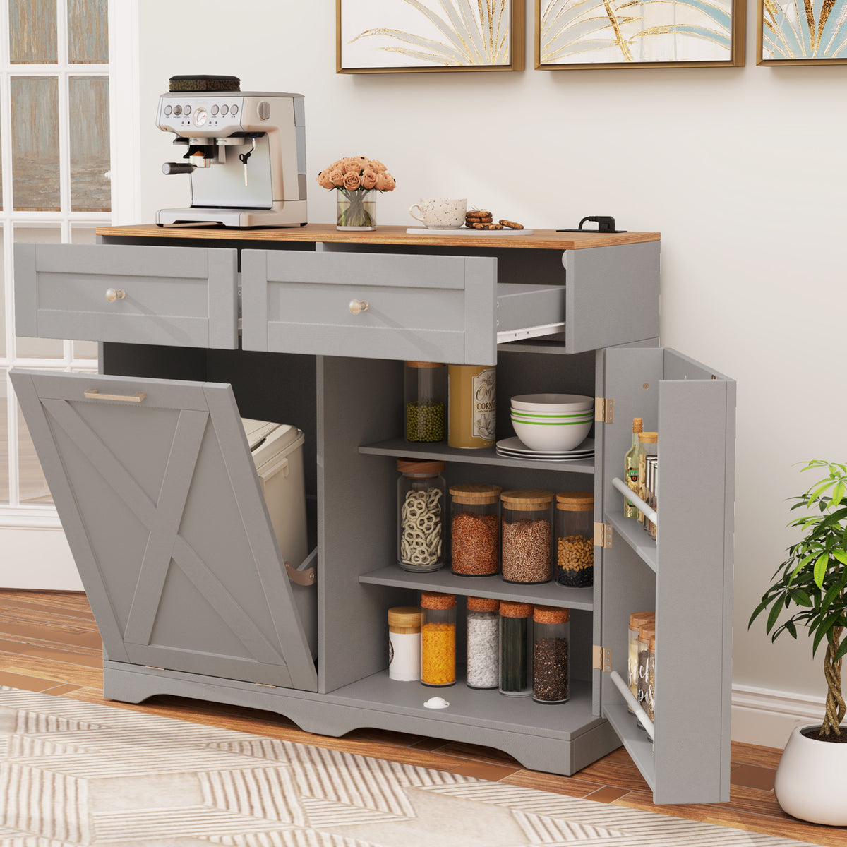 Tilt Out Trash Can Cabinet with Outlets and Adjustable Shelf-Gray