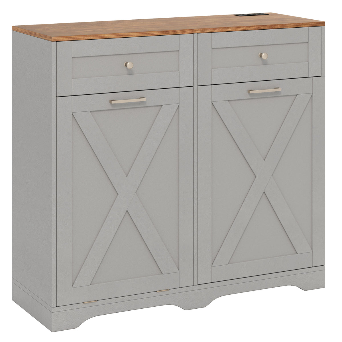 Tilt Out Trash Can Cabinet with Outlets and Adjustable Shelf-Gray