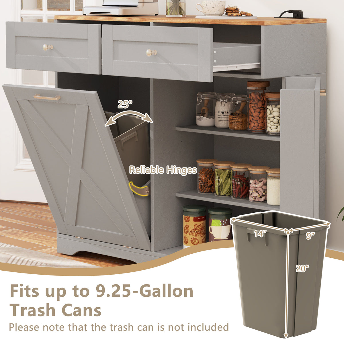 Tilt Out Trash Can Cabinet with Outlets and Adjustable Shelf-Gray