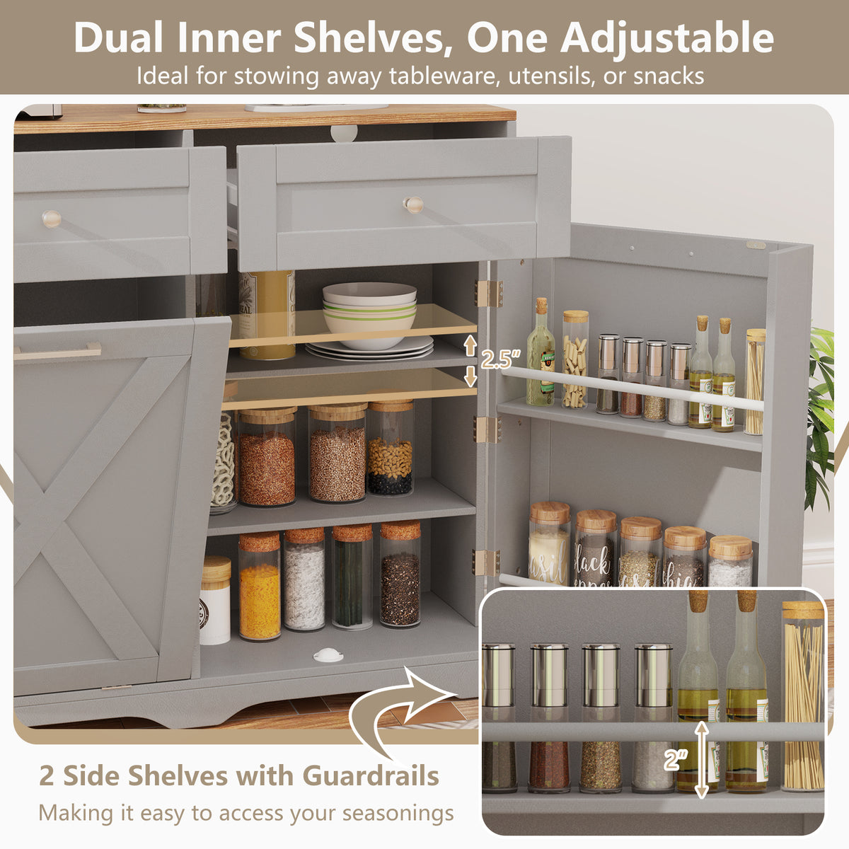 Tilt Out Trash Can Cabinet with Outlets and Adjustable Shelf-Gray