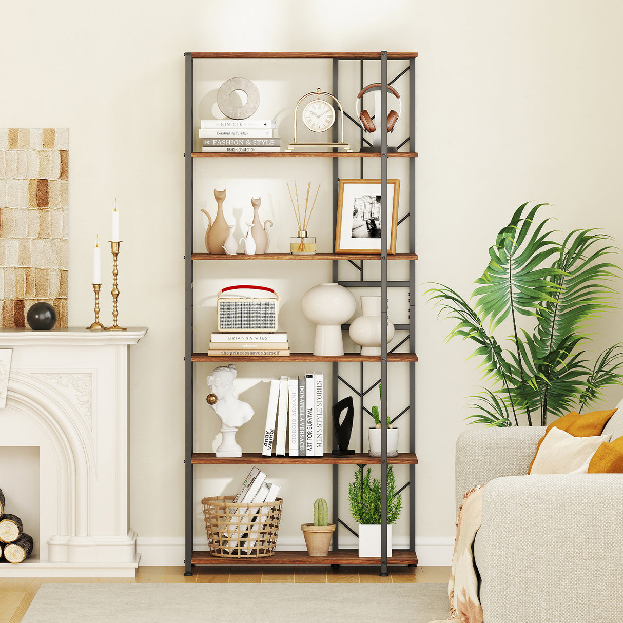 6-Tier Bookshelf Modern Geometric Bookcase with Heavy-duty Metal Frame and Anti-tipping Kits-Rustic Brown