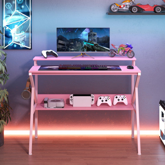 Space Saving Computer Desk with Monitor Stand and Extra Storage Shelf for Work Study-Pink