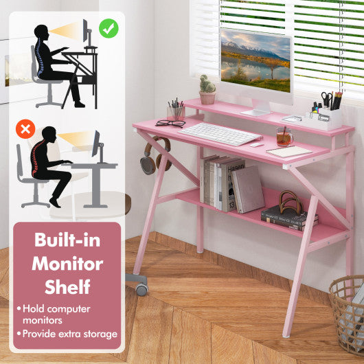 Space Saving Computer Desk with Monitor Stand and Extra Storage Shelf for Work Study-Black