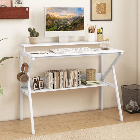 Space Saving Computer Desk with Monitor Stand and Extra Storage Shelf for Work Study-White