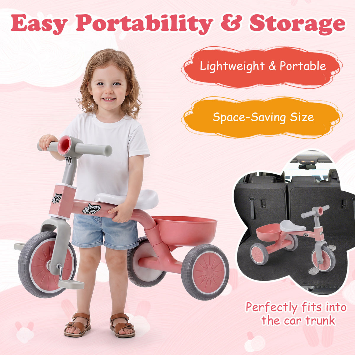 Toddler Convertible Trike with 86° Limited Steering Angle and Carbon Steel Frame-Pink