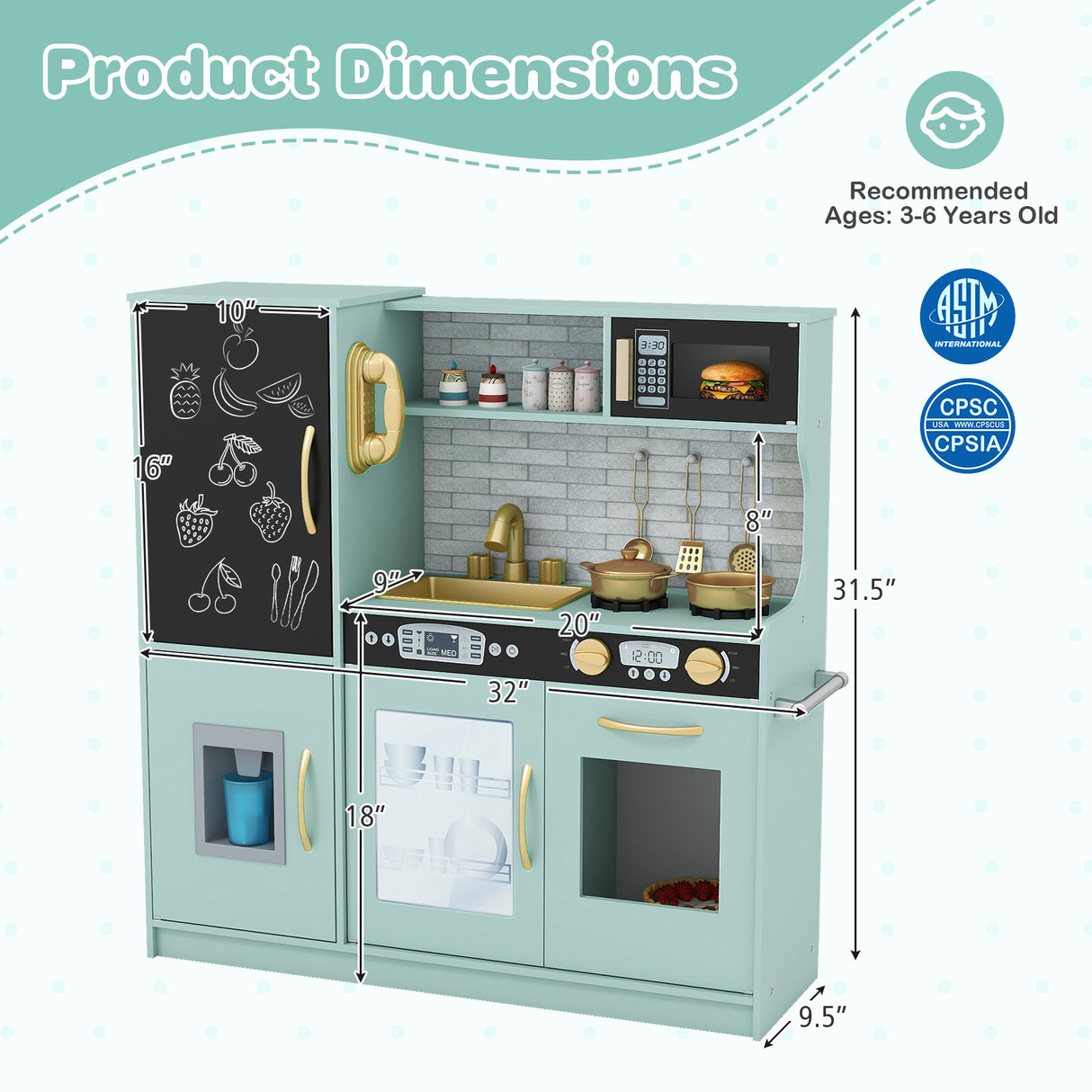 Toddler Pretend Play Kitchen for Boys and Girls 3-6 Years Old-Green