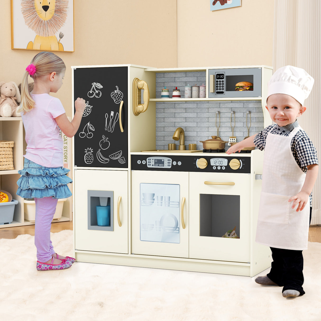 Toddler Pretend Play Kitchen for Boys and Girls 3-6 Years Old-Cream White
