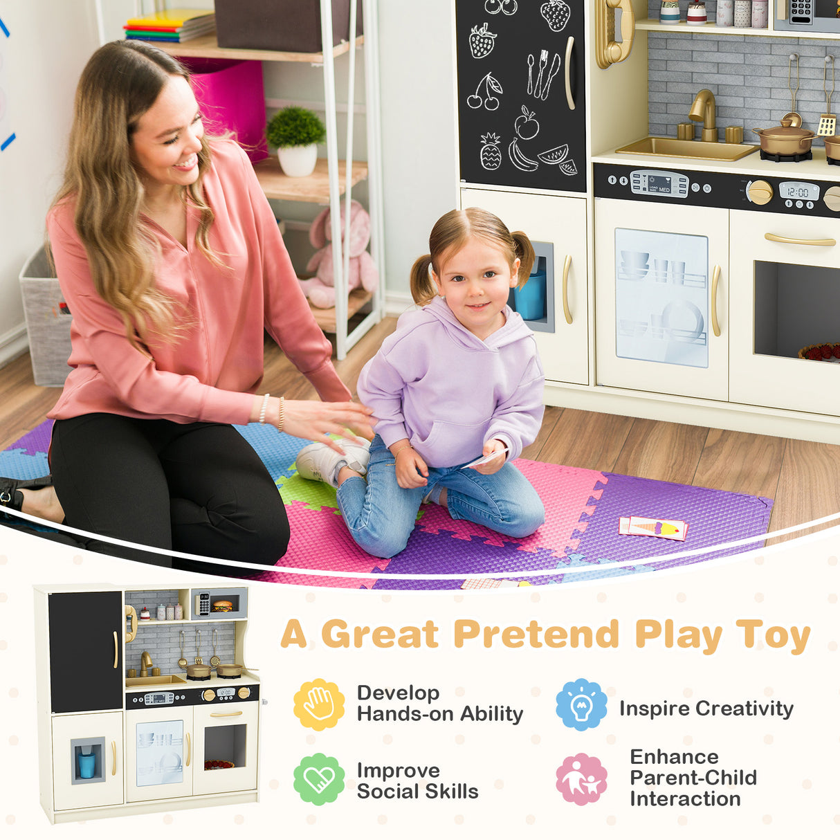 Toddler Pretend Play Kitchen for Boys and Girls 3-6 Years Old-Cream White