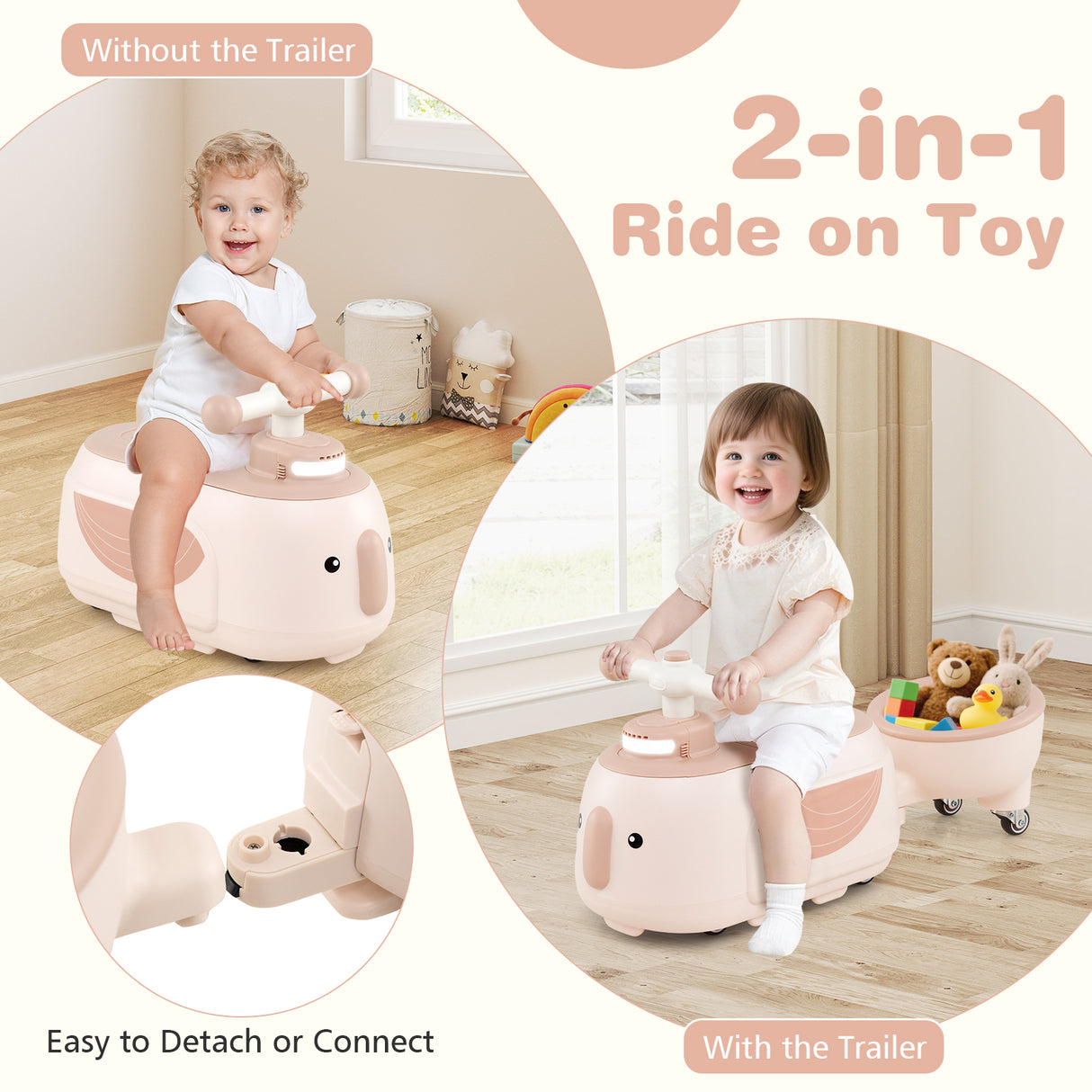 Toddler Ride on Toy with Trailer and Light Music-Beige