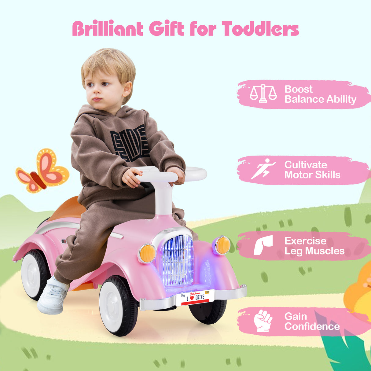 Toddler Ride on Toy Classic Sliding Car with Horn and LED Headlight-Pink