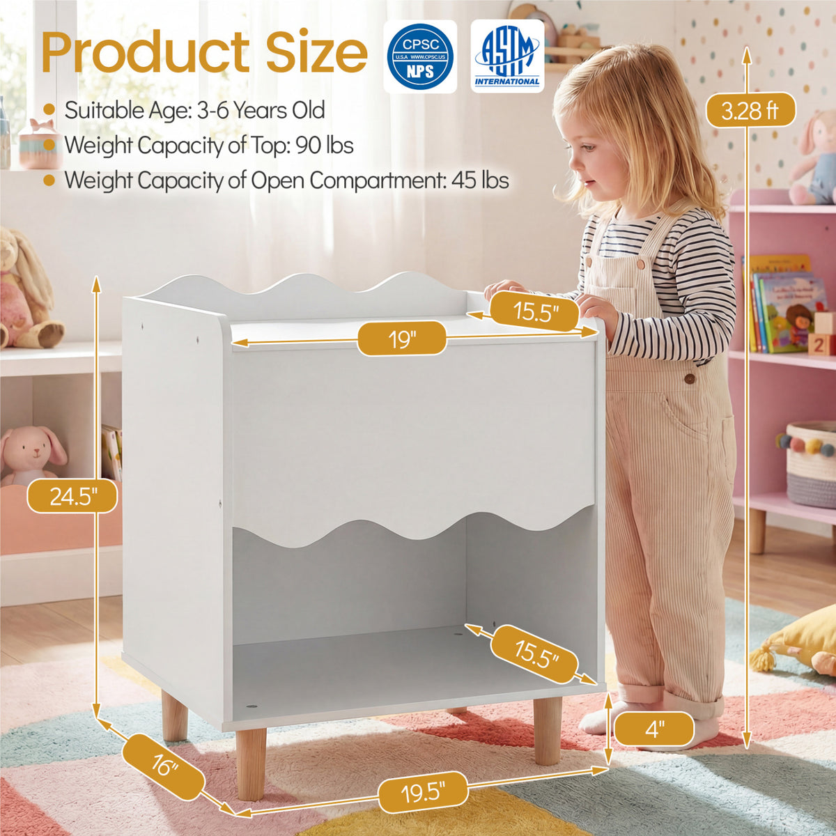 Toddler Scalloped Side Table with Wide Top & Open Compartment-White