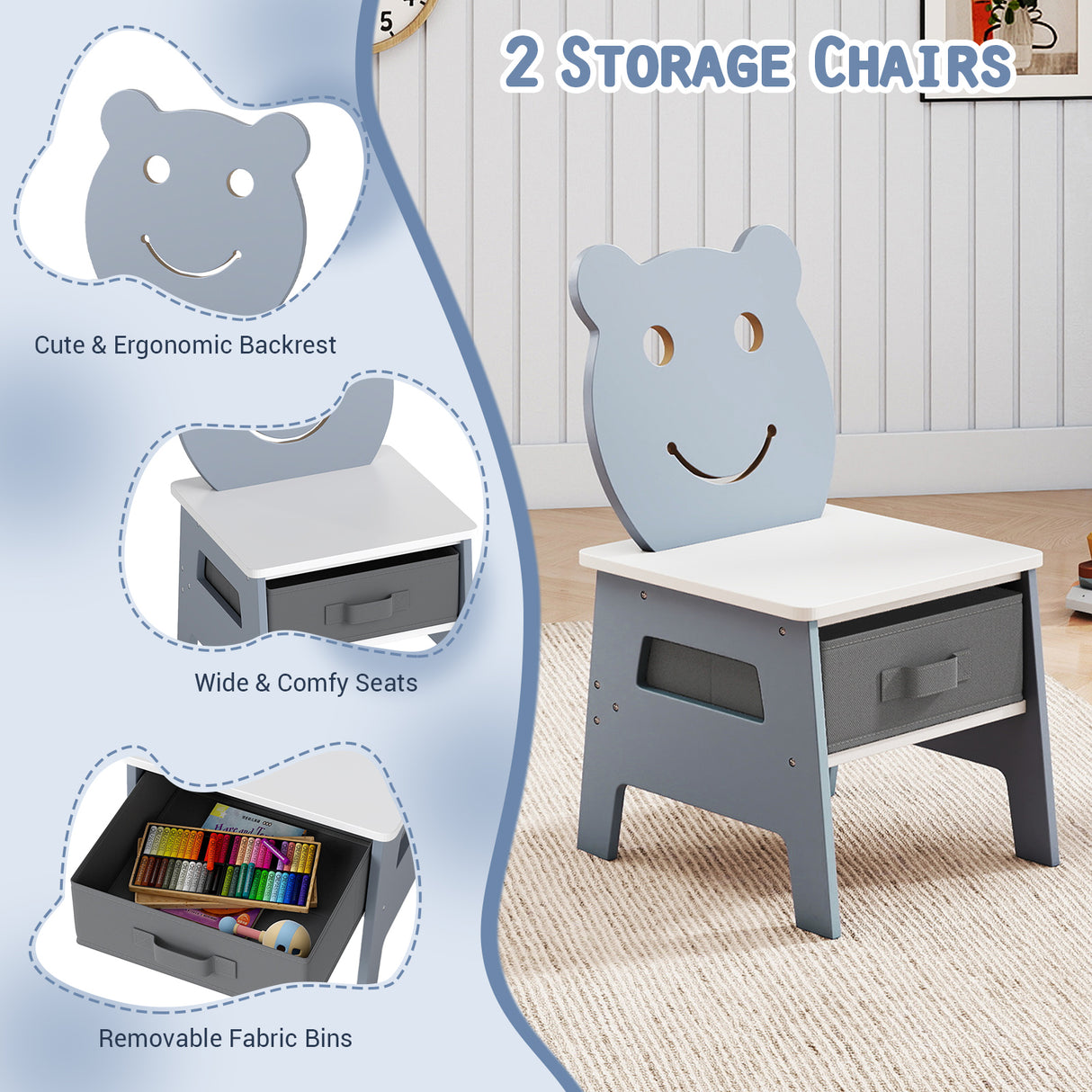 Toddler Table and 2 Chairs 5-in-1 Cute Art Desk Set with Reversible Chalkboard Whiteboard-Grey