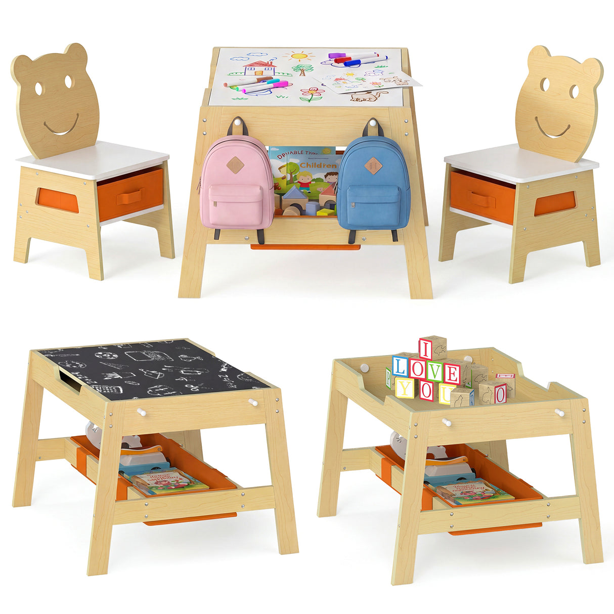 Toddler Table and 2 Chairs 5-in-1 Cute Art Desk Set with Reversible Chalkboard Whiteboard-Natural