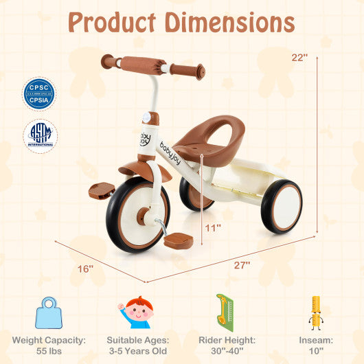Toddler Tricycle Kids Trike with Adjustable Seat and Basket Aged 3-5 Years Old-Beige