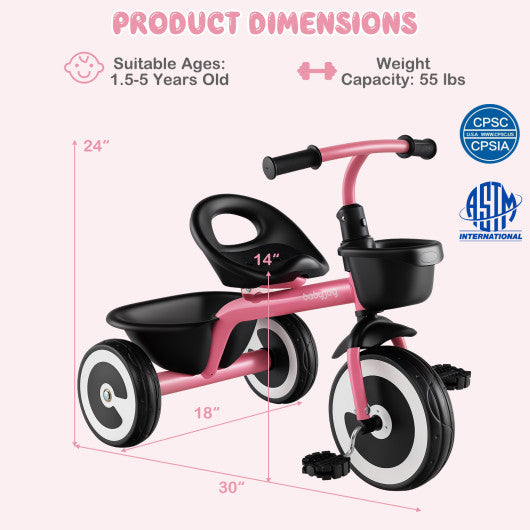 Toddler Tricycle with Adjustable Seat and Storage Baskets for 1.5-5 Years Old-Pink