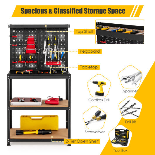 Tool Storage Workbench with Peg Board 2 Lower Shelves 14 Hanging Accessories-Black
